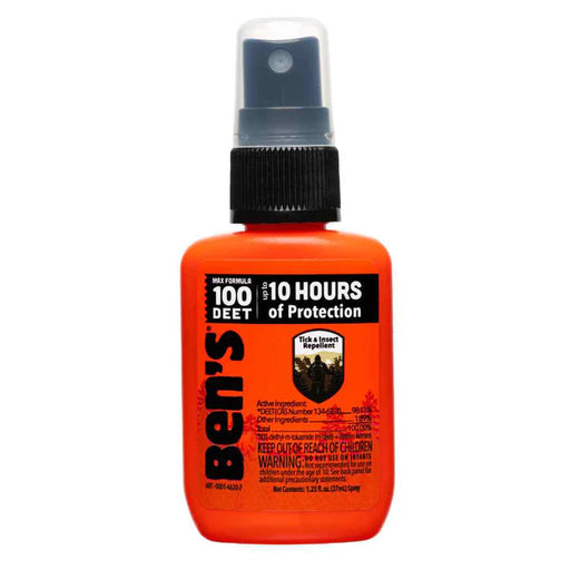 An orange spray bottle of insect repellent on a white background