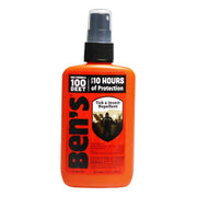 An orange spray bottle of insect repellent on a white background