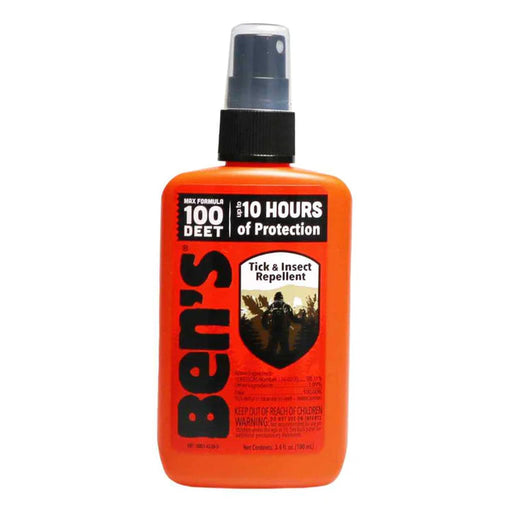 An orange spray bottle of insect repellent on a white background
