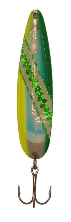 fishing lure spoon in a multicolor vibrant neon lime yellow and a dark green with a diagonal cream colored stripe with green holographic pattern and a seafoam green stripe down the middle of the body.
