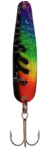 fishing spoon lure black stripe down the left side , fluorescent rainbow color 