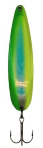 Green and blue fishing lure with treble hook on a white background