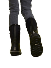 Black rubber boots with a brand logo on a white background