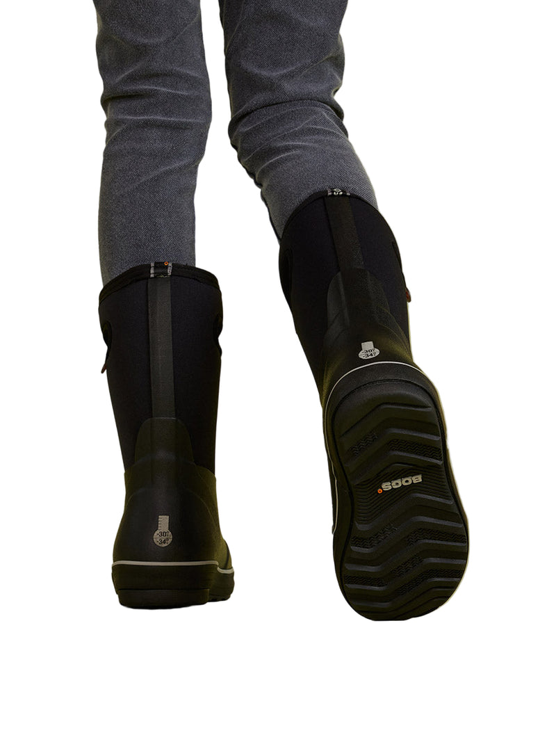 Black rubber boots with a brand logo on a white background