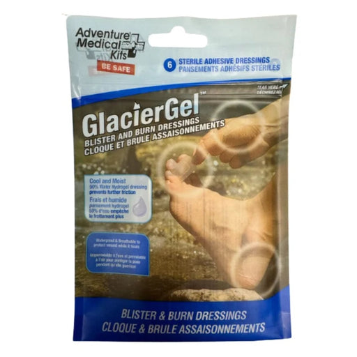 Adventure Medical Kits GlacierGel blister and burn dressings in a 6-pack sterile adhesive dressing pouch, featuring a blue and white design with product details and an illustrative photo of a foot.