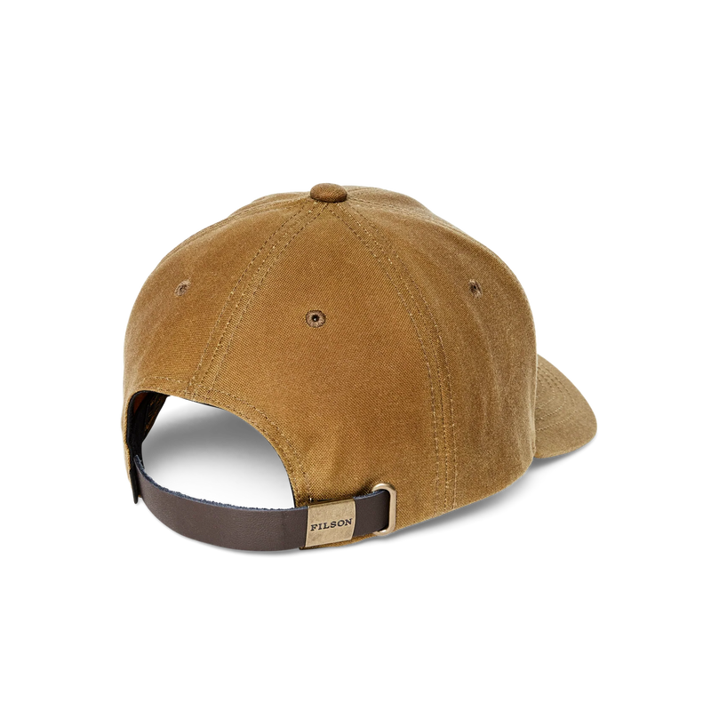 Back view of a brown baseball cap featuring a Filson logo against a white background. 