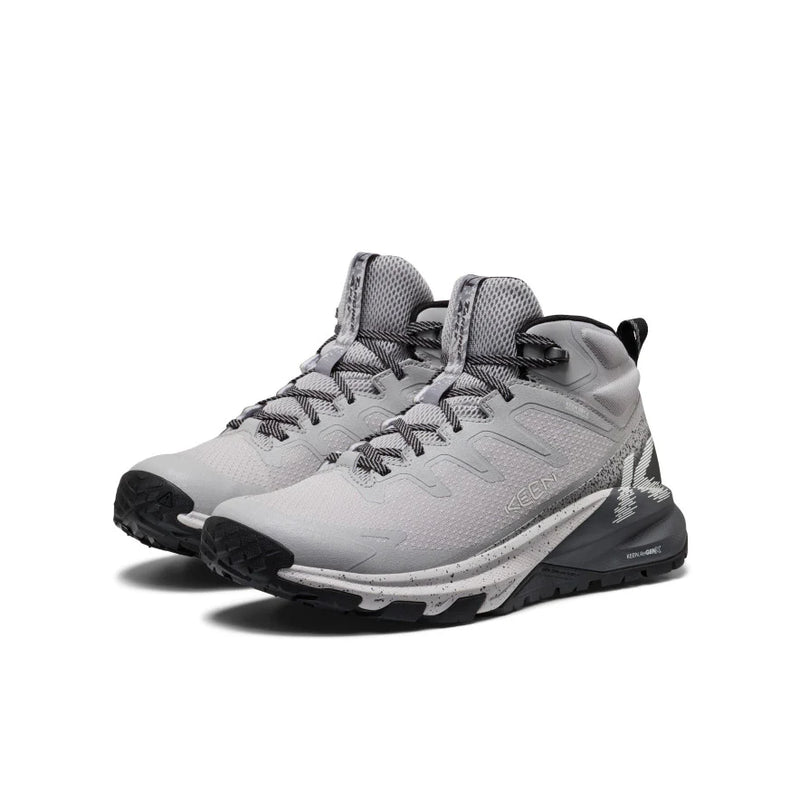 keen Targhee apex in a grey and dark grey color with white ascents on a black sole. 