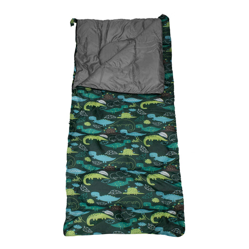 Blue and green kid's sleeping bag with a dinosaur pattern against a white background. 