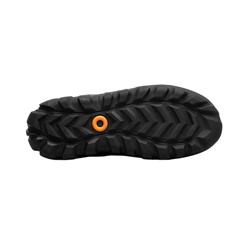 Black boot sole with orange logo on a white background