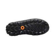 Black shoe sole with orange circular logo on a white background