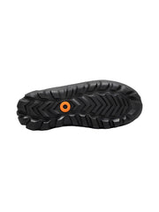 Black sole of a shoe with an orange circular logo on a white background