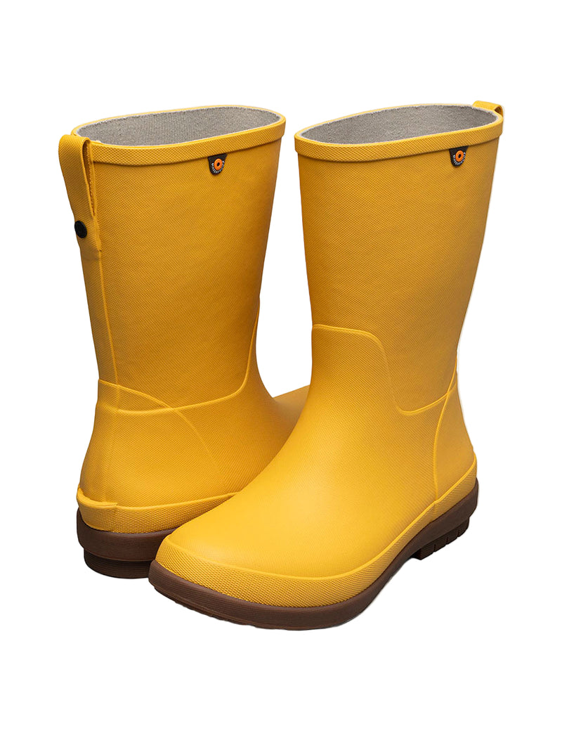 Pair of yellow rubber boots on a white background