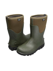 Pair of green rubber boots with brown accents on a white background