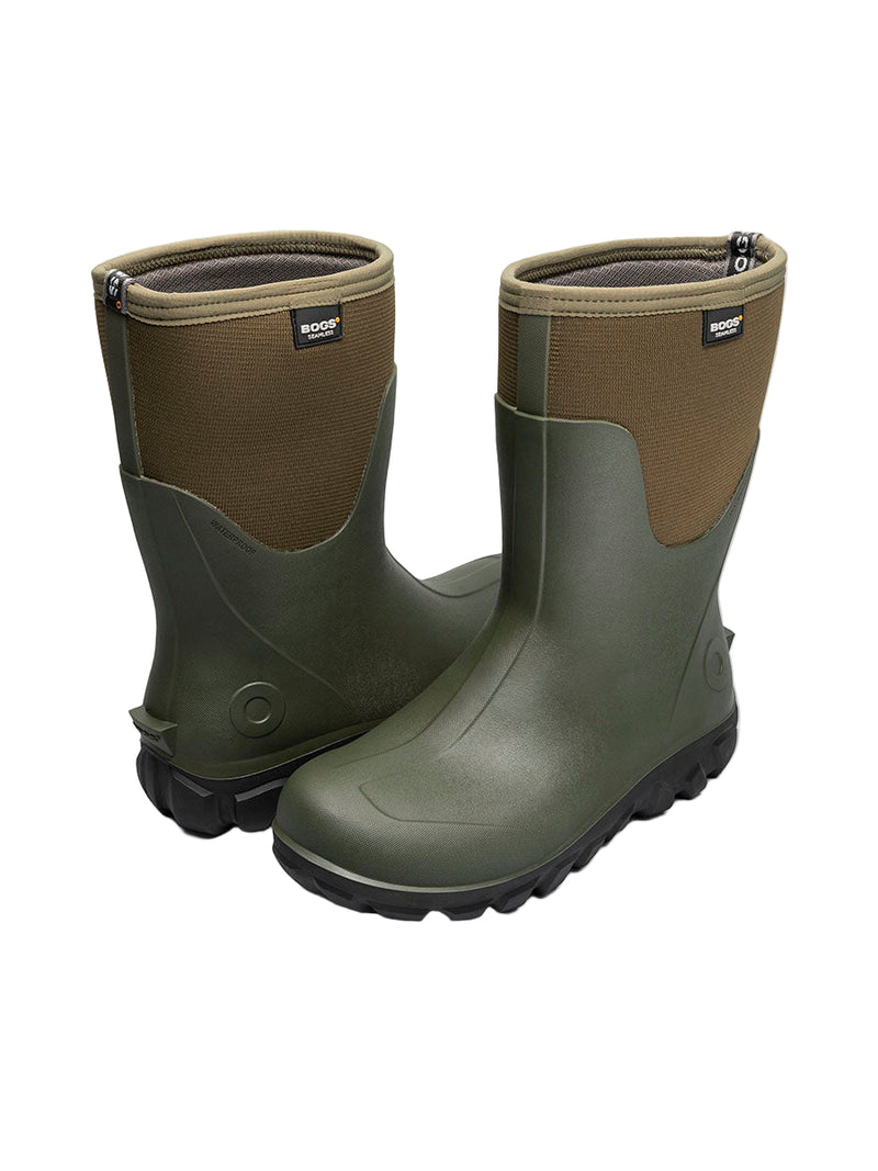 Pair of green rubber boots with brown accents on a white background