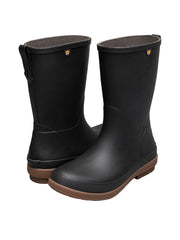 Pair of black rain boots with brown soles on a white background