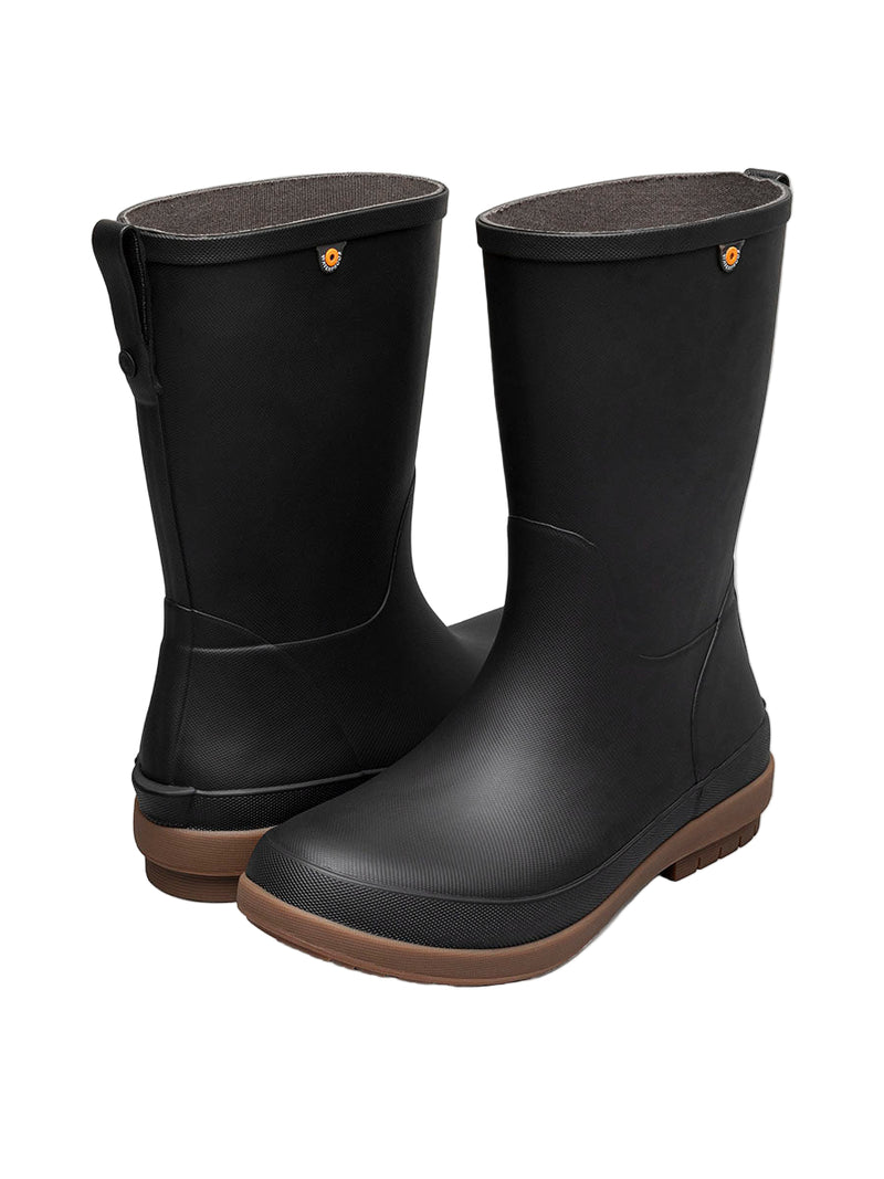 Pair of black rain boots with brown soles on a white background