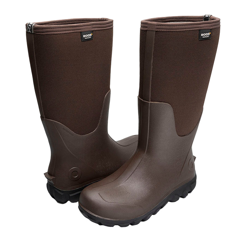 Pair of brown rubber boots on a white background