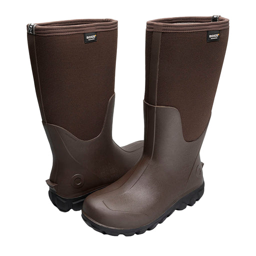 Pair of brown rubber boots on a white background