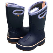 Pair of navy blue rain boots with light purple interior on a white background