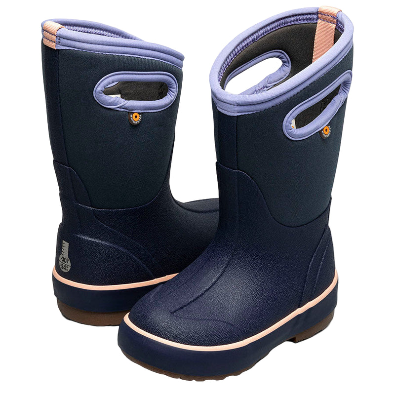 Pair of navy blue rain boots with light purple interior on a white background