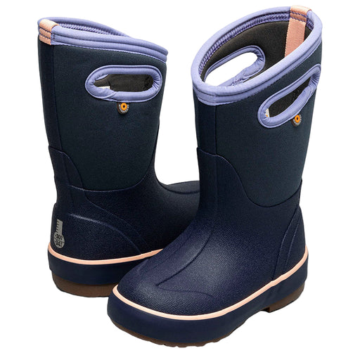 Pair of navy blue rain boots with light purple interior on a white background