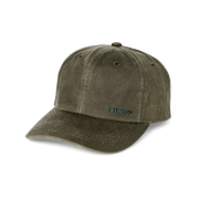 Olive green colored baseball cap featuring a teal Filson logo against a white background. 