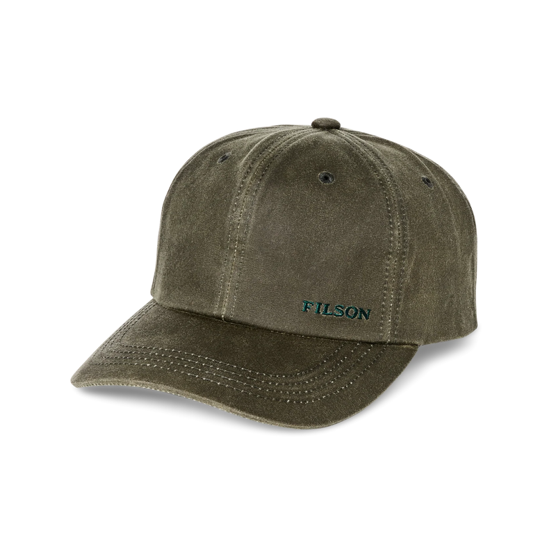 Olive green colored baseball cap featuring a teal Filson logo against a white background. 