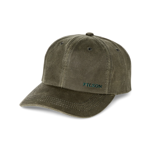 Olive green colored baseball cap featuring a teal Filson logo against a white background. 
