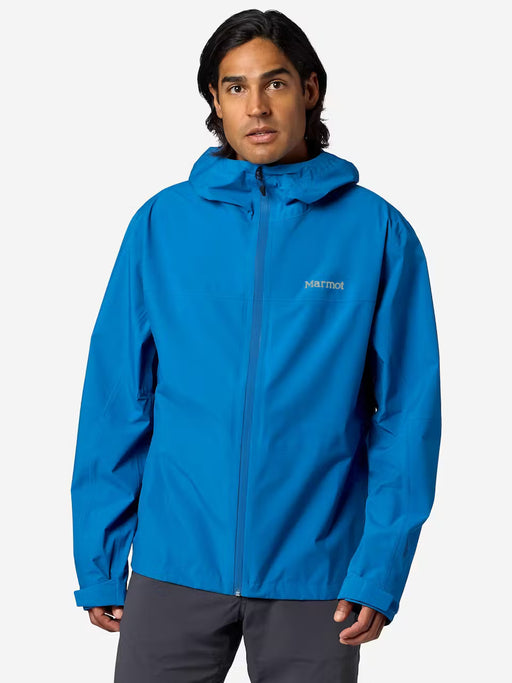 Man wearing a blue jacket with a brand logo on a white background