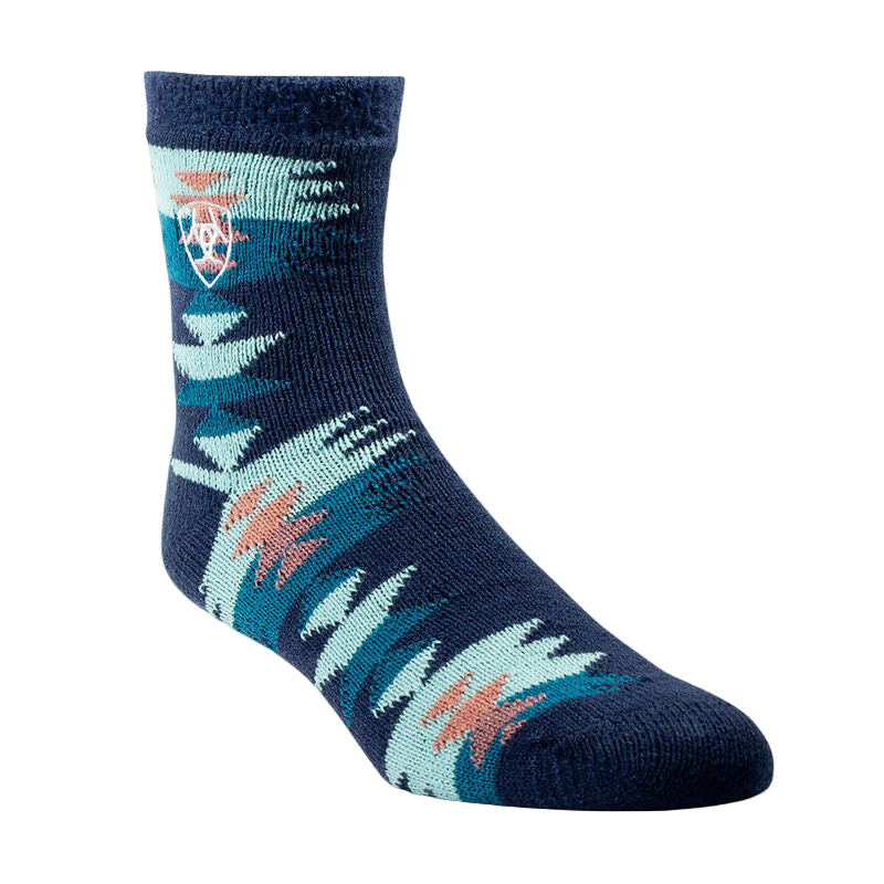 Navy sock with a colorful pattern on a beige background