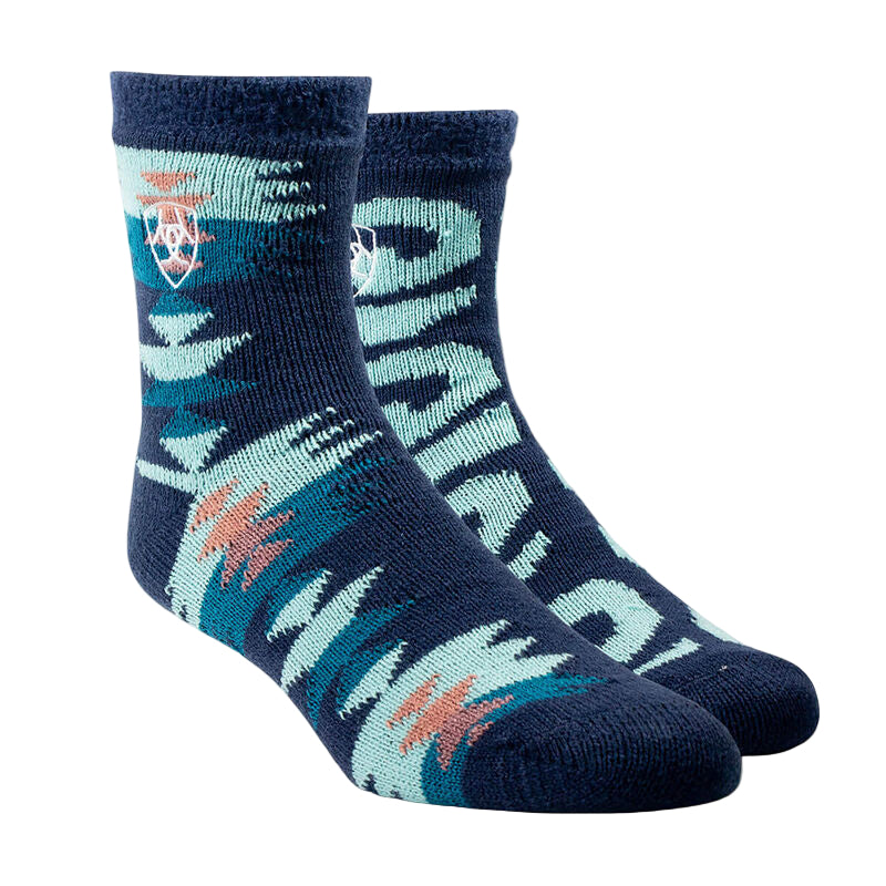 Pair of blue socks with a pattern on a beige background