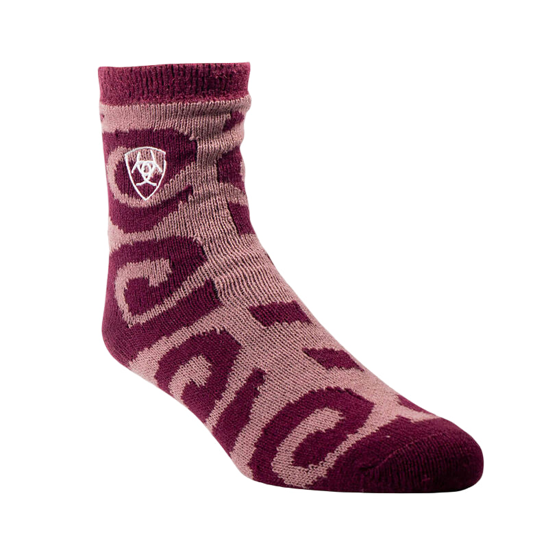 Maroon and pink sock with a logo on a beige background