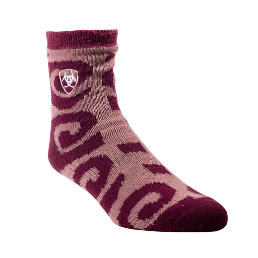 Maroon and pink sock with a logo on a beige background