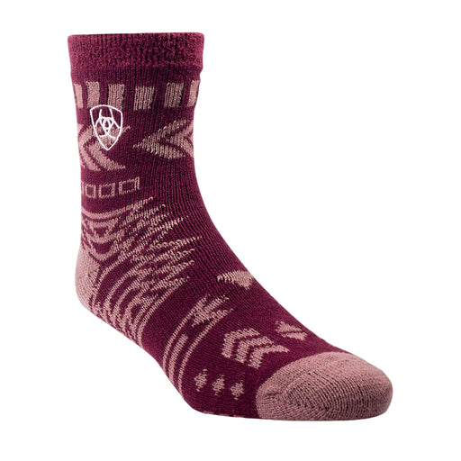Magenta colored sock with pink accents against a white background. 