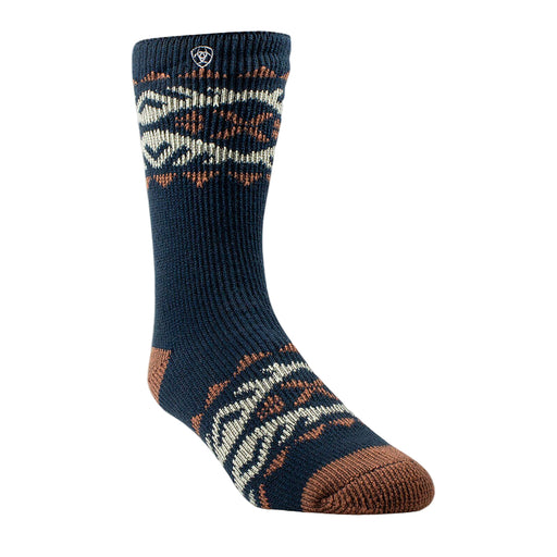 Navy sock with pattern on a beige background