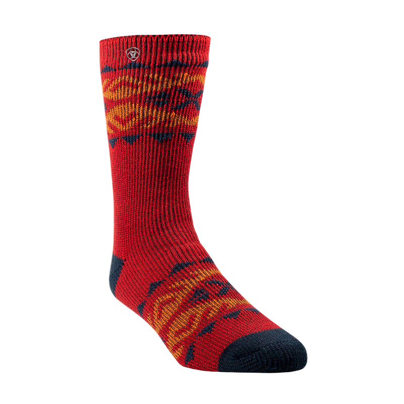 Red sock with geometric pattern on a beige background