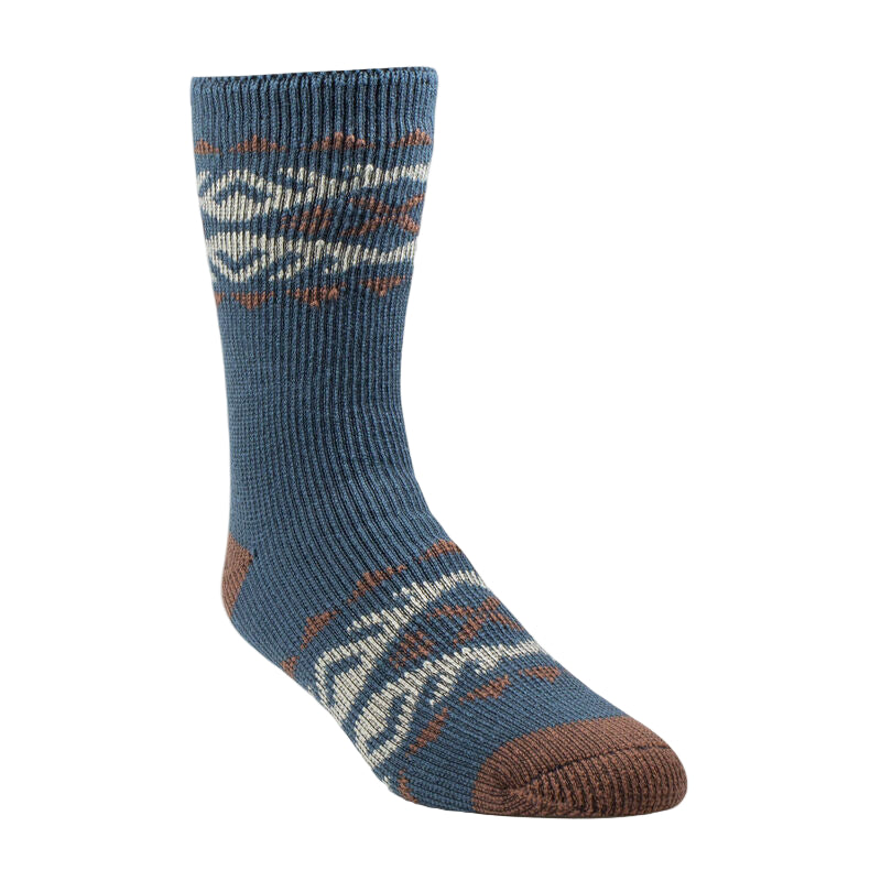 Blue sock with pattern on a beige background