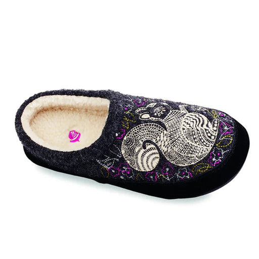 A black slipper with a squirrel and flowers design on a white background 