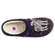 A navy blue slipper with a moose and flower design on a white background