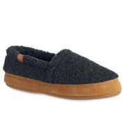 A navy blue fuzzy slipper on a white background