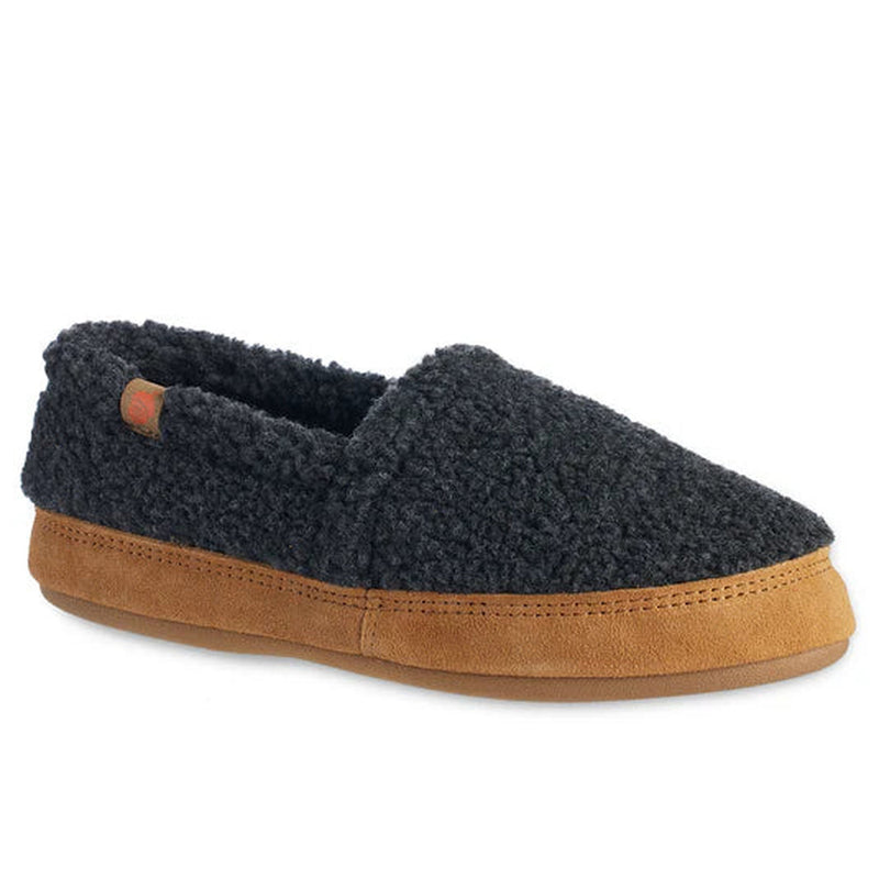 A navy blue fuzzy slipper on a white background