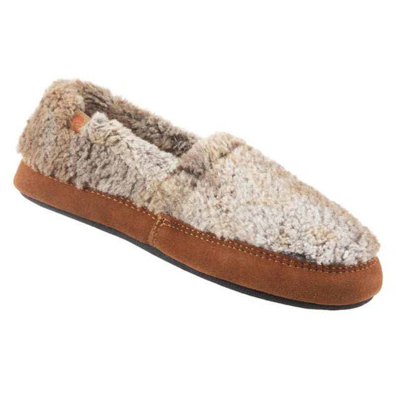 A fuzzy gray and white slipper on a white background