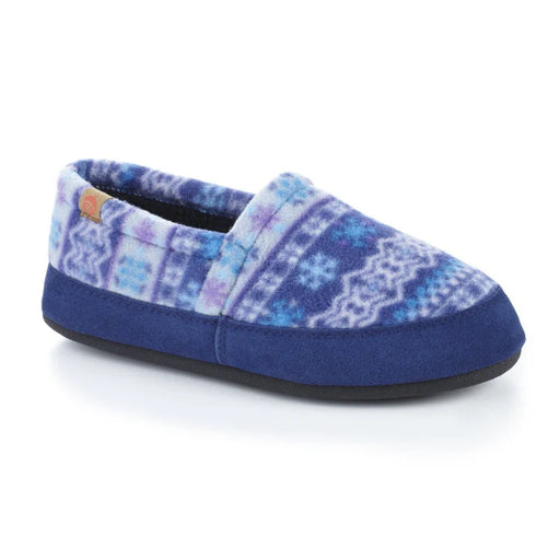 Side view of a blue snowflake patterned slipper with a dark blue bottom against a white background. 