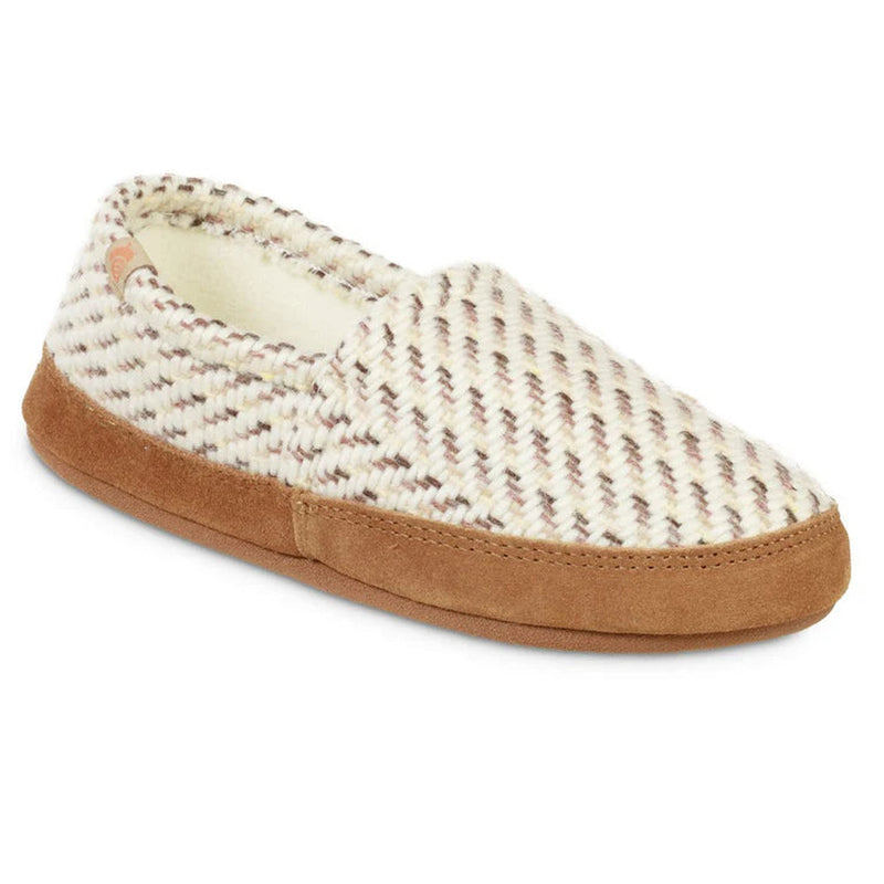 Side view of a white slipper with a light brown bottom against a white background. 