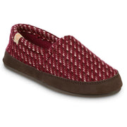 Side view of a red slipper with a dark brown bottom against a white background. 