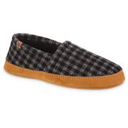 A black and gray plaid slipper with a brown background on a white background