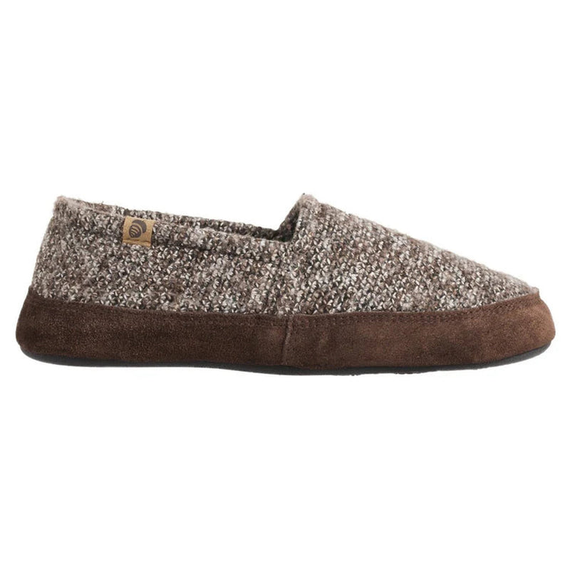 A gray and brown slipper with a brown bottom on a white background