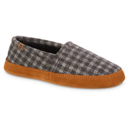 A gray plaid slipper with a brown background on a white background