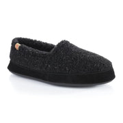 A fuzzy black slipper with a black bottom on a white background