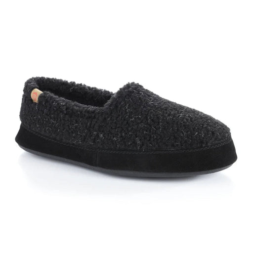 A fuzzy black slipper with a black bottom on a white background